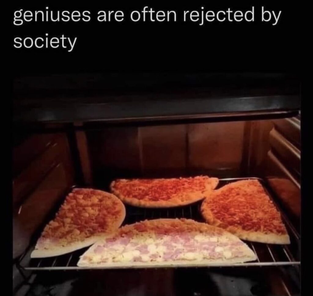 ２等分されたピザ４切れが入れられたオーブン（上段に「天才はしばしば社会から拒絶される」と記載）