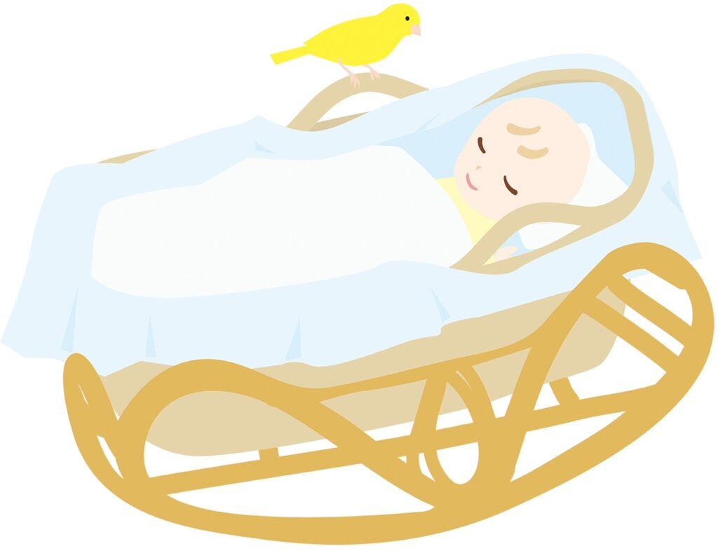 赤ちゃんとカナリヤのイラスト：「福をもたらすカナリヤ」と「ゆりかごの赤ちゃん」＝家族の幸せの象徴と子供に託す未来への希望