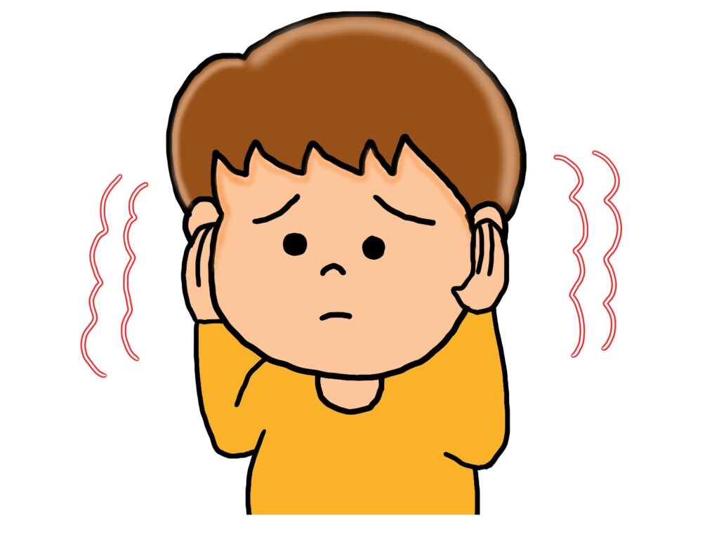 「聴覚過敏の子供が騒音に悩む様子」のイラスト画像