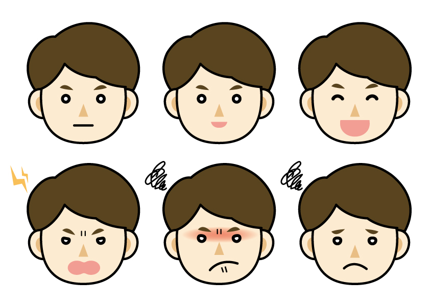 人の顔の感情表現６パターンを示すイラスト画像