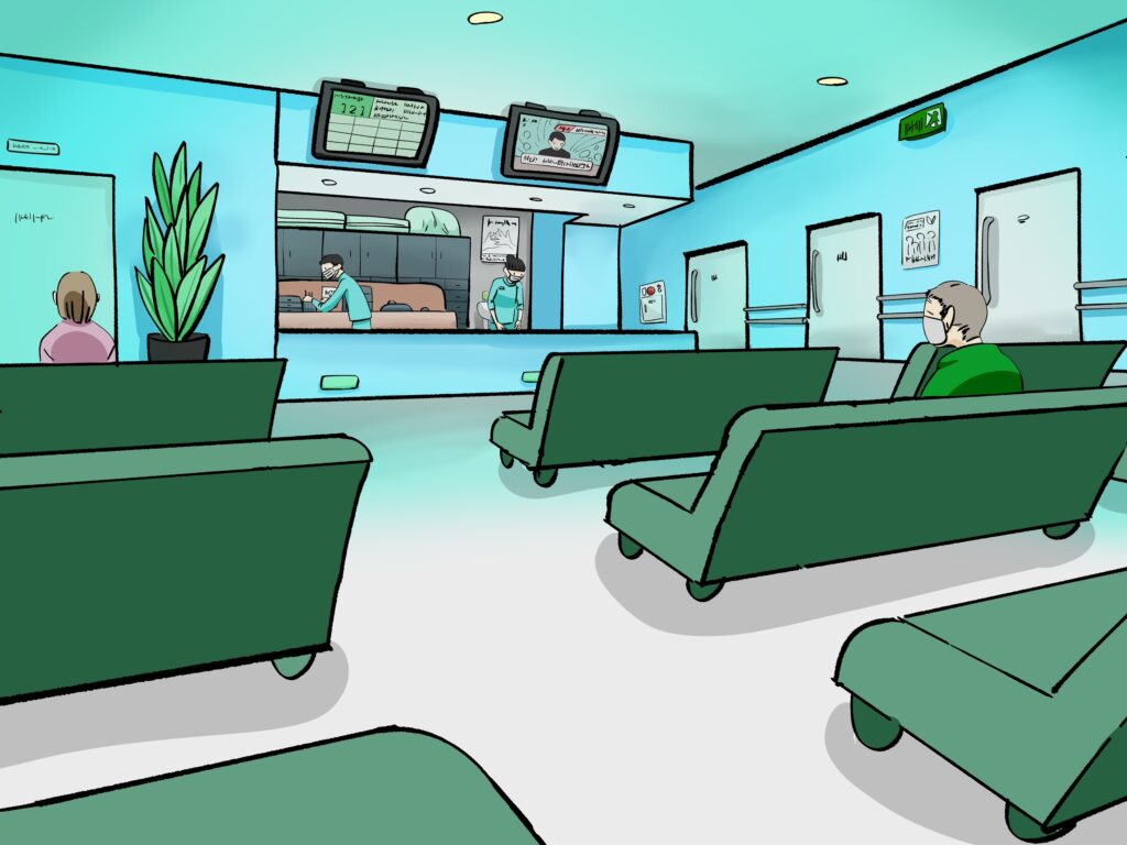 「精神病院の外来病棟の待合室」イメージイラスト（数人の患者がソファーに座っている）