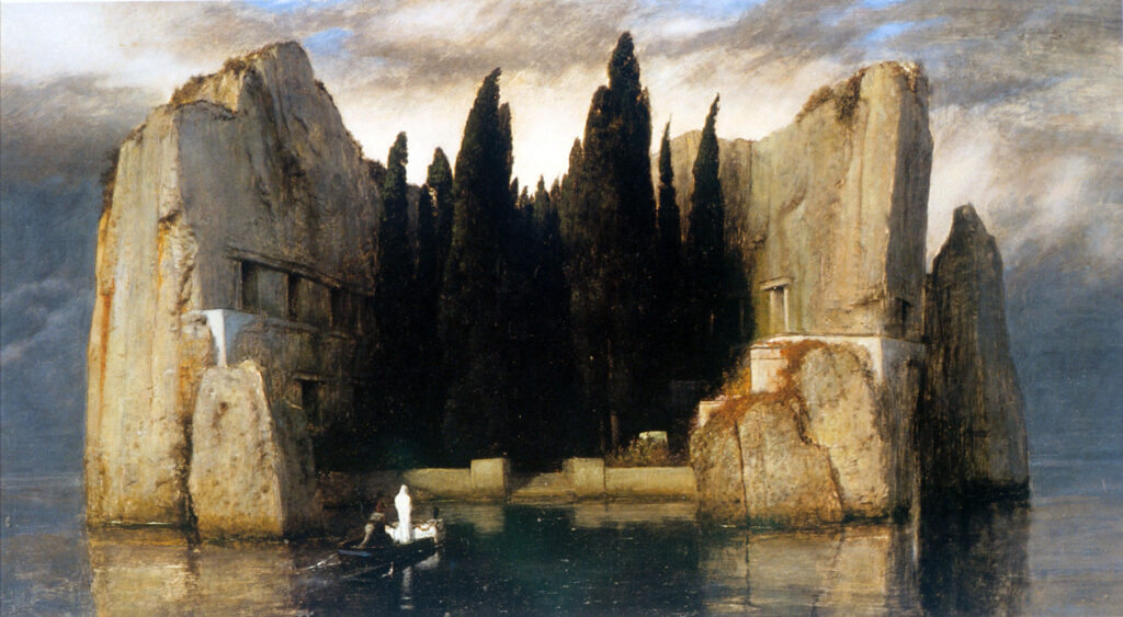 スイス出身の画家アルノルド・ベックリン（Arnold Böcklin）の作品「死の島」５枚のうち1883年に制作された１枚で（下記参照）、ドイツのベルリン美術館に展示されている。